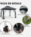 10x10 Pop Up Gazebo With Mosquito Netting And Double Roof Venting, Instant Canopy Tent details showing 250D fabric and features.