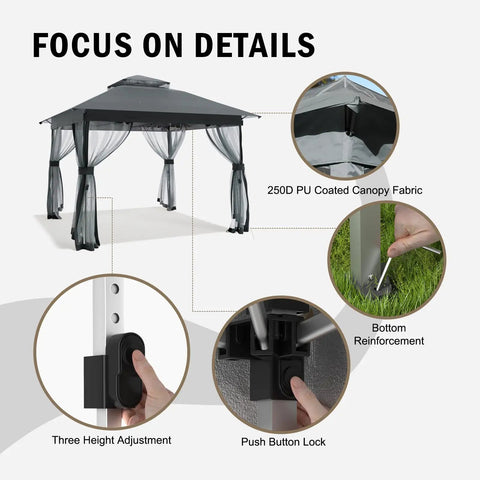 10x10 Pop Up Gazebo With Mosquito Netting And Double Roof Venting, Instant Canopy Tent details showing 250D fabric and features.