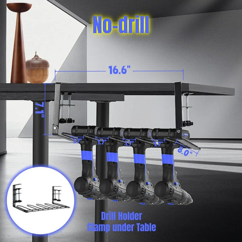 Under Workbench Drill Holder Table Mount With Clamp For Cordless Tools Grab And Go 16.6 Inch Reach 1 Tier Metal Shelf Organizer No Drill Needed Keeps Power Tools Within Reach installed view with drills hanging under table.
