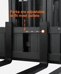 Adjustable forks of the Tory 3300 Lb Capacity Electric Pallet Stacker With 130 Inch Lift Height for versatile pallet fit.