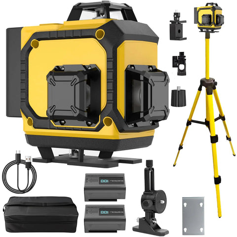 Self Leveling 360 Degree Laser Level With Tripod And Remote Four 360 Degree Cross Line Lasers For Tile Flooring And Construction Pro Grade All In One Line Laser Level Kit With Under 1mW Power Output And Two Batteries, yellow black kit