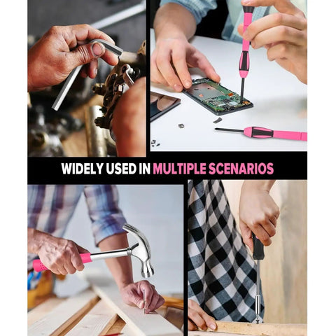 Pink 39-Piece Home Tool Set With Plastic Toolbox in use in various DIY and repair scenarios.