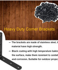 10Pcs Black L Bracket Corner Braces 4 Inch Stainless Steel Heavy Duty Shelf Brackets For Wood And Shelves Wall Mount 90 Degree Right Angle Joints With Screws Included, shown with screws and wood background.