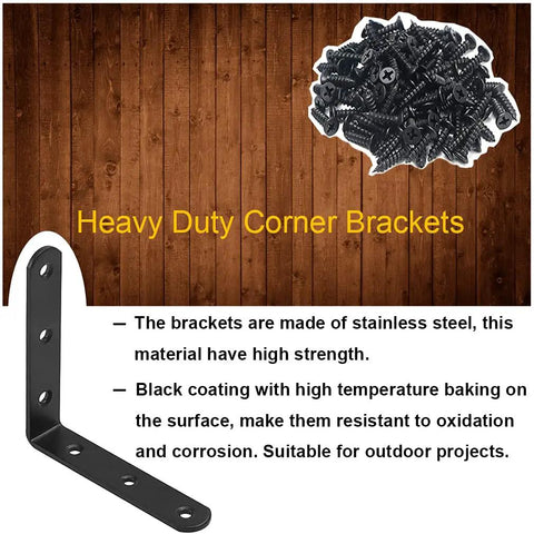 10Pcs Black L Bracket Corner Braces 4 Inch Stainless Steel Heavy Duty Shelf Brackets For Wood And Shelves Wall Mount 90 Degree Right Angle Joints With Screws Included, shown with screws and wood background.