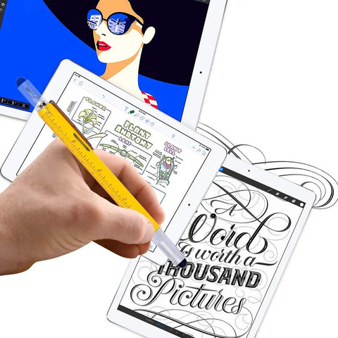 Hand using 6 In 1 Multitool Pen Gift For Him And Dad on tablet, yellow ruler function visible, orange body.