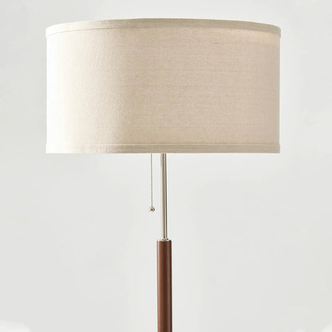 Close-up of LED Floor Lamp With Walnut Wood Finish And Drum Shade Mid Century Modern Style For Living Room Office And Bedroom Decor Tall Standing Lamp For Modern Homes, showing beige drum shade and pull chain.