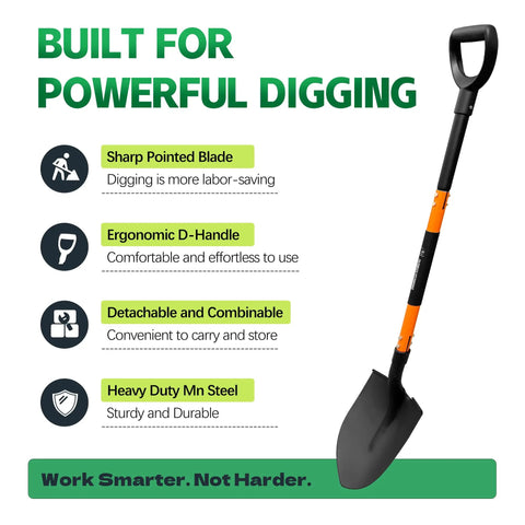 Heavy Duty Garden Shovel With 47 Inch Detachable D Handle And Anti Slip Grip, steel blade displayed, built for tough soil