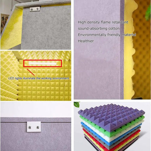 Close-up of thick acoustic foam panels in various colors for Heavy Duty Foldable Soundproof Booth With Thick Acoustic Foam Panels For Vocal And Microphone Recording Desktop Studio Sound Dampening Pod In Blue That Brings Straight Fire To Your Sessions.