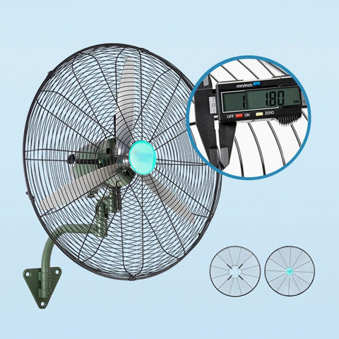 Straight Up Heavy Duty Industrial Floor Fan With Wall Mount Brackets Commercial Grade Oversized Oscillating Head High Velocity All Metal Blades For Warehouses detailed view of aluminum blades and wall mount