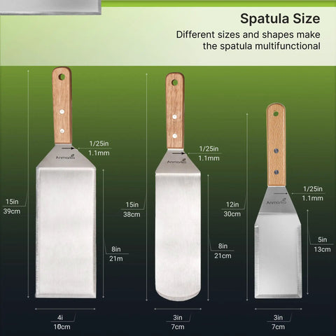 Image showing Stainless Steel Spatula Set 3 Piece For Griddle And BBQ Teppanyaki Spatulas Pancake Flipper Hamburger Turner with size details.