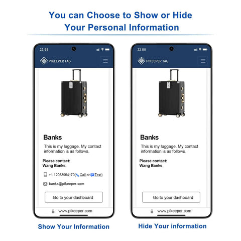 Image of phone screens showing Smart QR Code Luggage Tags With Privacy Guarded Scans, Customizable Contact Info You Can Update.
