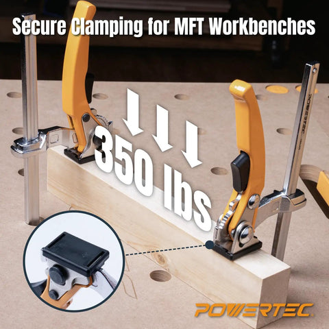 Two Pack Quick Release Ratcheting Table Clamps For MFT And Guide Rail System 7 Inch Opening And 2 And 3 Eighths Inch Throat Depth on MFT workbench