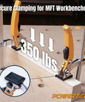 Tough As Nails Quick Release Ratcheting Table Clamps 2 Pack For MFT And Guide Rail Systems With 7 Inch Capacity and 2 3 8 Throat Depth in use on workbench.