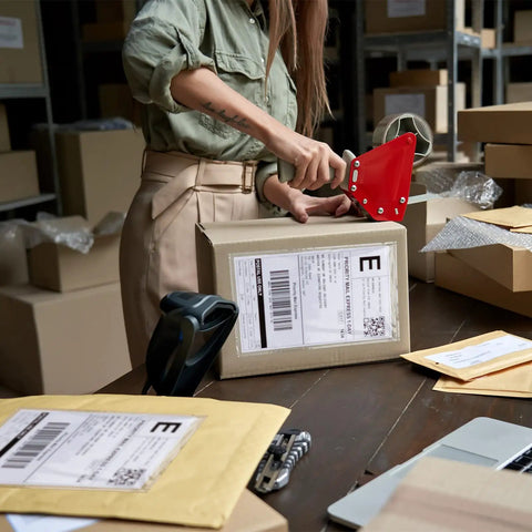 Person organizing parcels with 1500 Count Clear Packing List Envelopes 7x10 Inches Self-Adhesive Shipping Label Sleeves on a table.