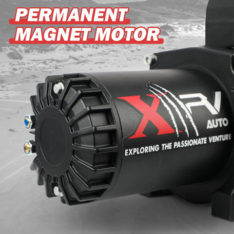 Close-up of permanent magnet motor on Beefy 13000Lb Synthetic Rope Electric Winch for 4x4 Off Road Trucks and SUVs waterproof with wireless remote.
