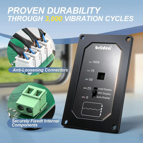 Water Level Monitor For RVs And Boats With Probeless Adhesive Sensors LED Indicator And Motion Sensing Light External Non Drill Tank Gauge For Plastic Tanks Up To 40 Gallons On 7 To 32V DC with internal components and connectors.
