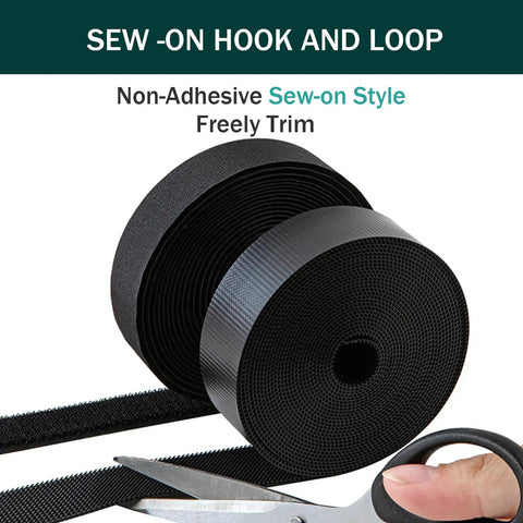 Premium Sew On Hook And Loop Strips 3/4 Inch Wide By 5 Yards Long Black Nylon Fastener Tape soft non-adhesive rolls for crafting.
