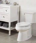 Ashland Modern Wood Toilet Seat With Decorative Edge Slow Close Quiet Close Secure Hinges Elongated White Seat in bathroom