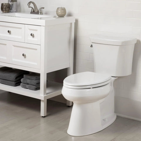 Ashland Modern Wood Toilet Seat With Decorative Edge Slow Close Quiet Close Secure Hinges Elongated White Seat in bathroom