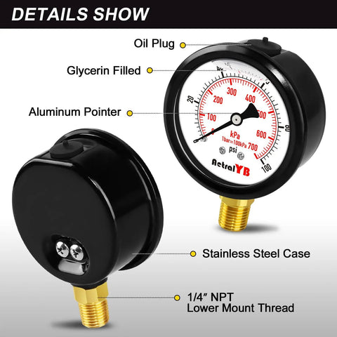 Stainless Steel Liquid Filled Pressure Gauge 0-100 PSI, 2.5 Inch Dial, Glycerin Dampened For Vibration And Shock Resistance, IP67 Waterproof