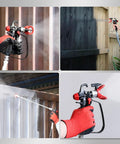 Pro Grade Airless Paint Sprayer Gun Kit Packed With Five Interchangeable Tips 311 To 619, using on wood fence and metal surface.