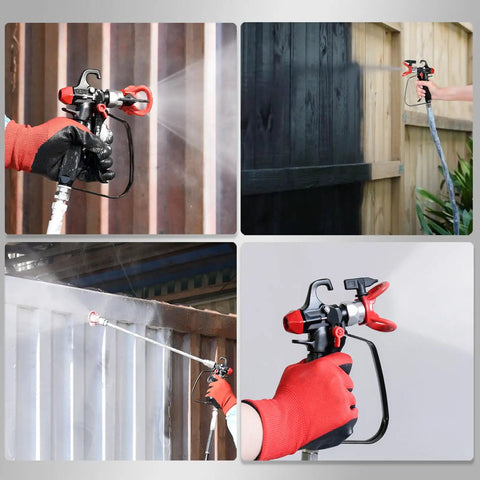 Pro Grade Airless Paint Sprayer Gun Kit Packed With Five Interchangeable Tips 311 To 619, using on wood fence and metal surface.