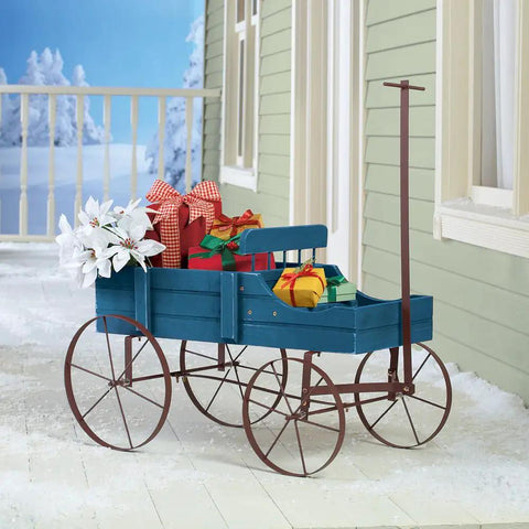 Amish Wagon Garden Planter On Wheels for Indoor Outdoor Decor Blue with iron wheels, showing flowers and gifts on a porch.
