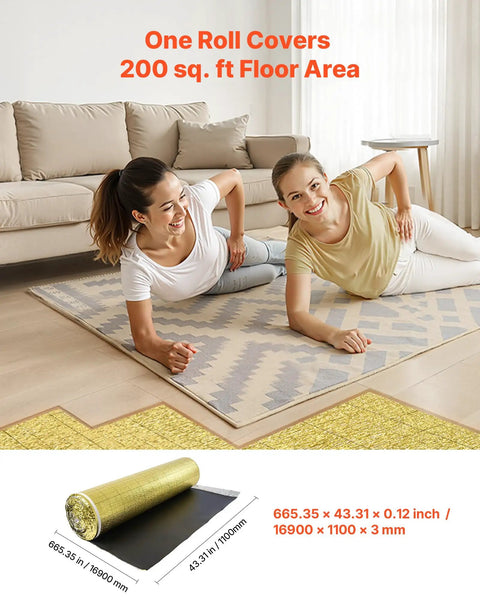 Heavy Duty Three In One Floor Underlayment Two Hundred Sq Ft Roll With Built In Tape And Vapor Barrier Three Mm Thick Epe Foam Gold Coating in use