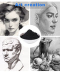Collage of graphite drawings featuring portraits and still life, with a bowl of graphite powder in the center.