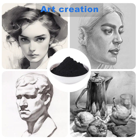 Collage of graphite drawings featuring portraits and still life, with a bowl of graphite powder in the center.