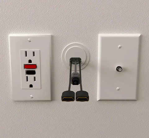 Cable Grommet With Cap Slider Locking Tool Free Securing Design For Walls Ceilings Desks wires passing through white wall
