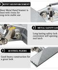 Close-up of 6 Inch Hand Seamer Tool With Straight Jaw Benders showing rivet reinforcement, safety lock, and 40 steel construction details.