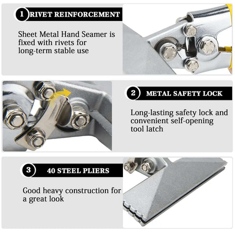 Close-up of 6 Inch Hand Seamer Tool With Straight Jaw Benders showing rivet reinforcement, safety lock, and 40 steel construction details.