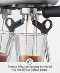 Next Level Semi Automatic Espresso Machine With Auto Frothing Wand For Barista Level Microfoam And Flawless Latte Art At Home In Sleek Black Stainless Steel Build Compact Kitchen Setup For Smooth Shots And Rich Crema Daily, close-up of espresso extraction.