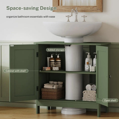 Slick U Shaped Under Bathroom Sink Cabinet With Two Smooth Doors And Nifty Open Shelf To Dodge Pesky Plumbing Pipes And Stash Cleaners In Modern Green Space Saver