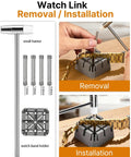 Go To All In One Watch Band Repair Kit With Link Remover And Spring Bar Tools Pro Grade Set Includes 108 Spring Bars 20 Link Pins Replacement Punches Hammer Cleaning Cloth and Easy Strap Resize for any size includes small hammer and watch band holder visible during removal and installation.