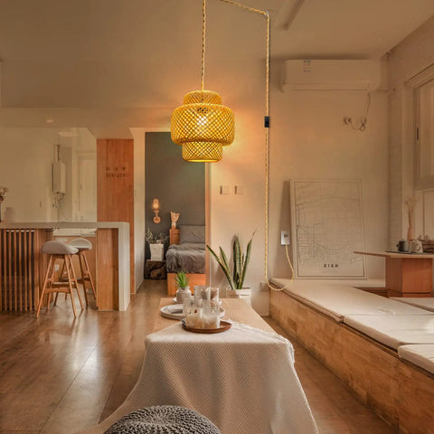Plug In Pendant Light With Rattan Hanging Lights And Hand Woven Bamboo Lampshade, 15ft Hemp Rope, On Off Switch in a cozy living room