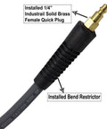 Close-up of Brass Quick Coupler and Bend Restrictor on Beefy Hybrid Air Hose 3/8-Inch By 100-Feet 300 PSI Heavy Duty.
