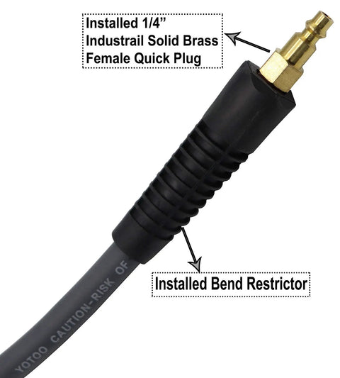 Close-up of Workhorse Hybrid Air Hose 3/8 By 3 Feet 300 Psi Kink Resistant All Weather Lead In Tubing with quick disconnect coupler.