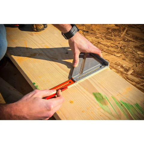 2 In 1 Extendable Layout Tool With 6 Inch Fold Out Arm Built For Pros, Aluminum Construction, Laser Etched Markings, in use on wood