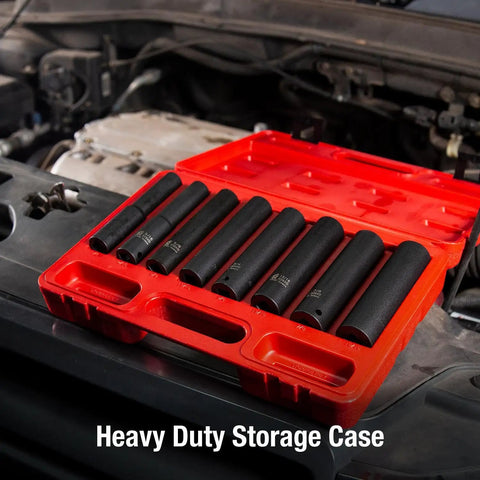 Beefy One Half Inch Drive Impact Socket Set, Extra Long Deep, Eight-Piece, SAE, From One Half To Fifteen Sixteenths