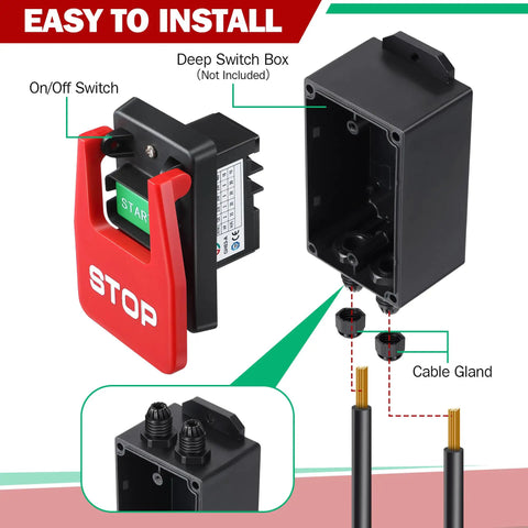 Kickass On Off Switch For Table Saw And Woodworking Gear Dual Voltage 120V 230V showing red paddle switch with power connections.
