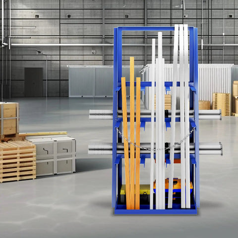 Heavy Duty Vertical Bar Rack For Lumber And Steel Rods Garage Storage Solution With 3000 Lb Weight Limit holding wooden and metal rods.