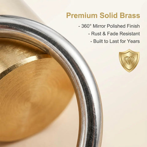 Close-up view of a premium solid brass with 360° mirror polished finish, rust and fade resistant, against a soft background.