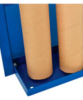 Big Time Vertical Bar Rack Straight Up Knockout Layout Handles Three Thousand Pounds Across Three Wide Bays Nailed Down Gear Storage For Pipes Boards Trim Conduit Built Like A Tank For Crews close-up of rolled cardboard tubes in blue vertical bar rack.
