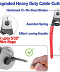 Upgraded heavy duty cable cutter with red handles, cutting 5/32" wire rope, features include effort-saving handle.