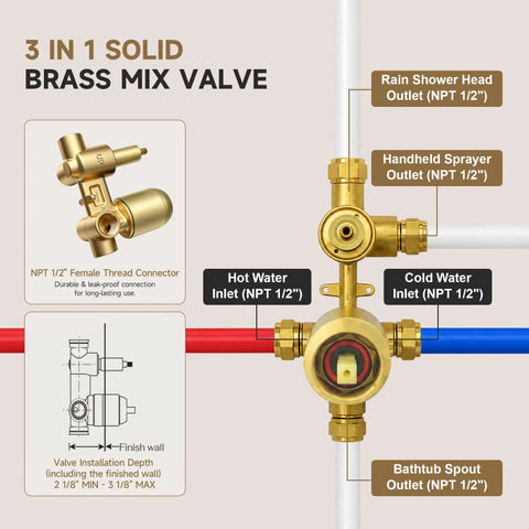 Totally Fire Premium All Metal Shower Faucet Set With Warm Gold Tone Eight Inch Rain Showerhead Curved Tub Spout Rust Proof Bathroom Hardware Upgrade