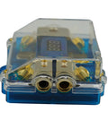 Front view of 300A ANL Dual Digital Gold Plated Distribution Block Fuse Holder For Car Audio With Digital Voltmeter Display