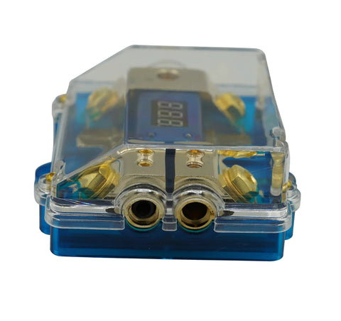 Front view of 300A ANL Dual Digital Gold Plated Distribution Block Fuse Holder For Car Audio With Digital Voltmeter Display