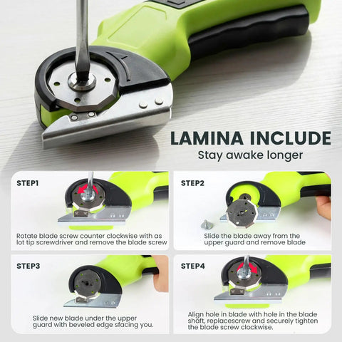 Heavy Duty Cordless Electric Box Cutter With Badass Cutting Power And No Sweat Operation For Fast Shipping Breakdowns, showing blade and screwdriver.